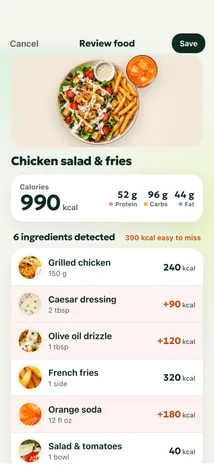 Review screen listing six ingredients of a chicken salad with fries